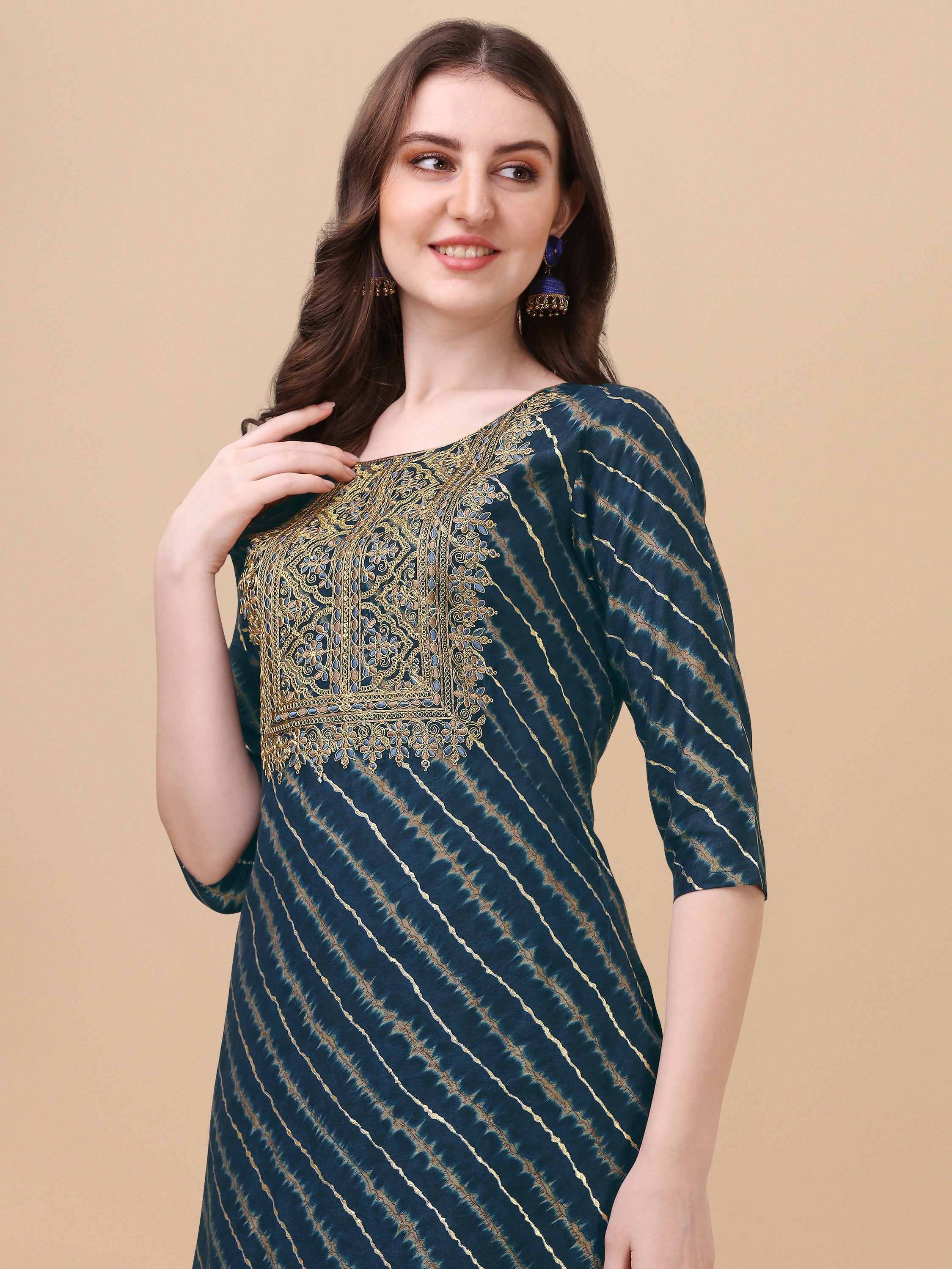 Leheriya Printed & Embroidered Kurta With Pant & Dupatta Set, Multicolor - Hiral Fashion - Distacart