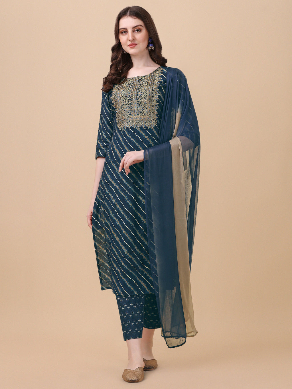 Leheriya Printed & Embroidered Kurta With Pant & Dupatta Set, Multicolor - Hiral Fashion - Distacart