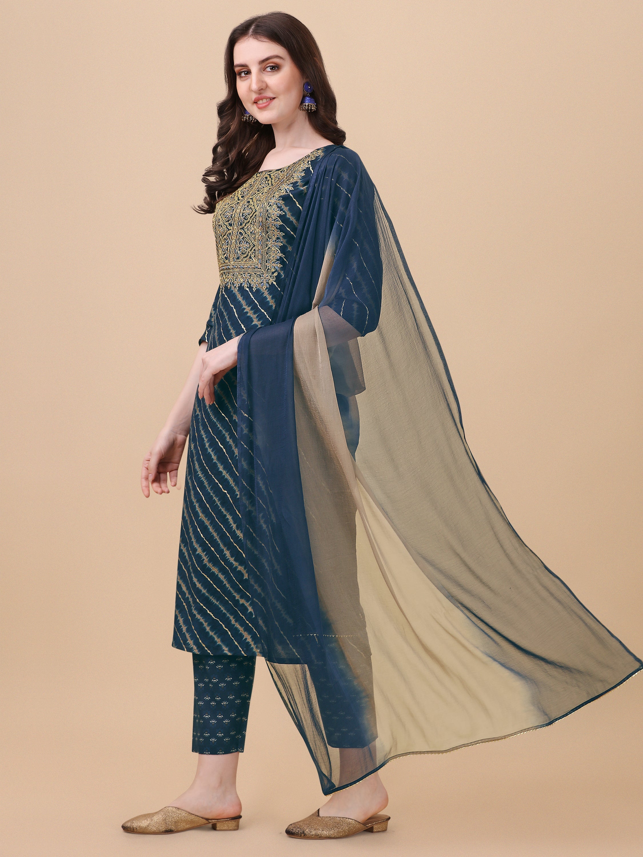 Leheriya Printed & Embroidered Kurta With Pant & Dupatta Set, Multicolor - Hiral Fashion - Distacart
