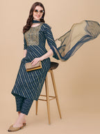 Leheriya Printed & Embroidered Kurta With Pant & Dupatta Set, Multicolor - Hiral Fashion - Distacart