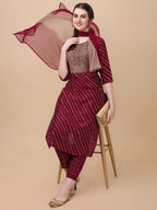 Leheriya Printed & Embroidered Kurta With Pant & Dupatta Set, Multicolor - Hiral Fashion - Distacart