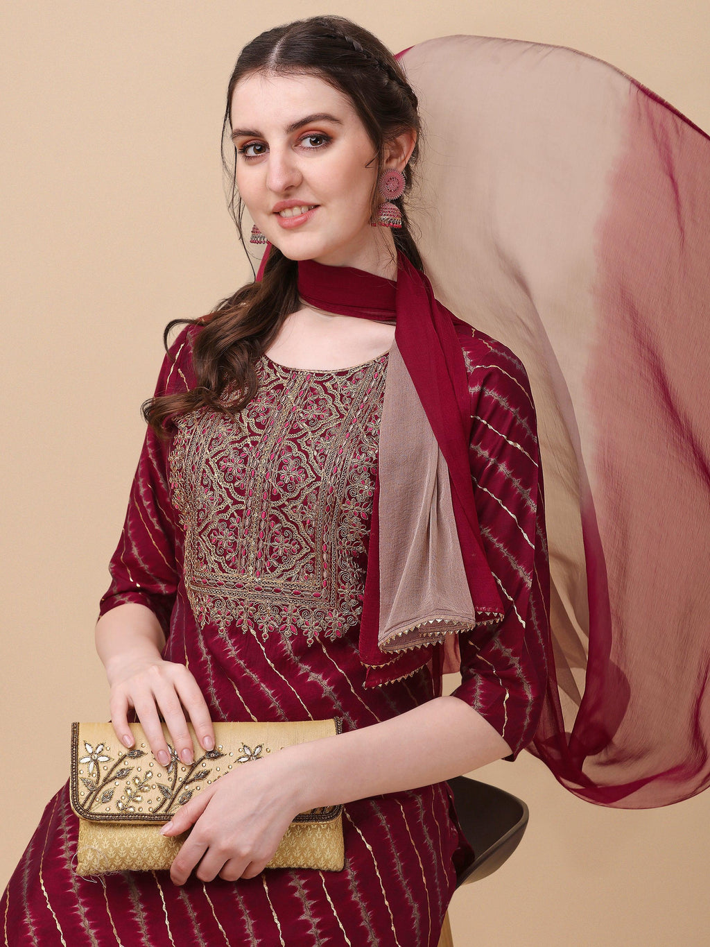 Leheriya Printed & Embroidered Kurta With Pant & Dupatta Set, Multicolor - Hiral Fashion - Distacart
