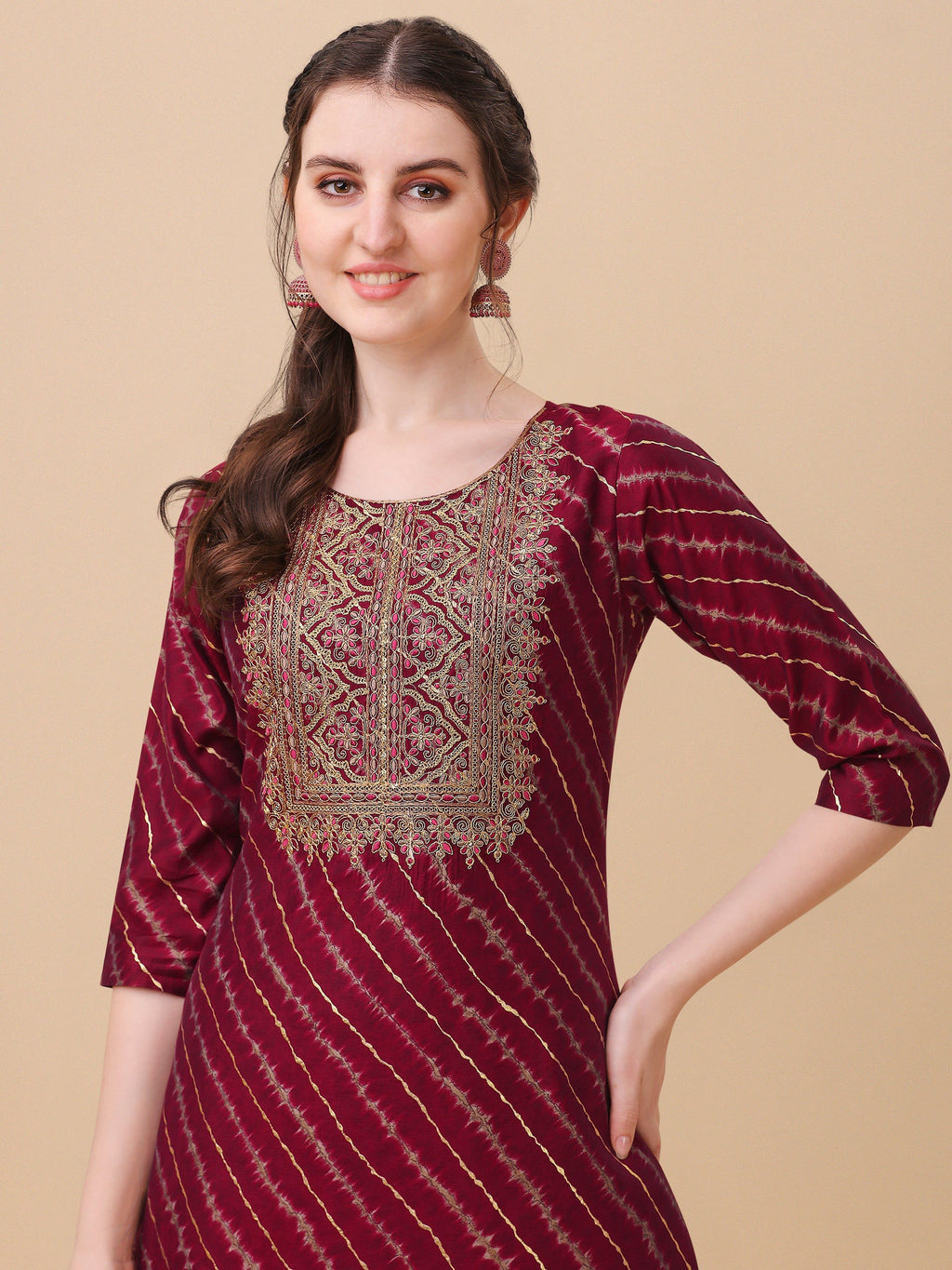 Leheriya Printed & Embroidered Kurta With Pant & Dupatta Set, Multicolor - Hiral Fashion - Distacart