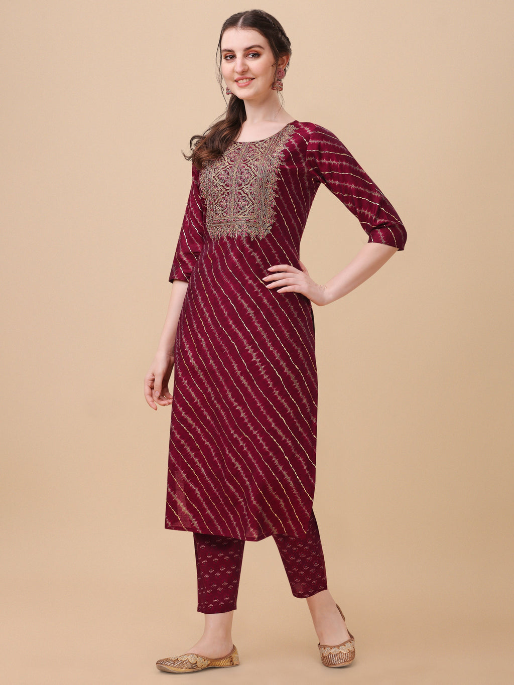 Leheriya Printed & Embroidered Kurta With Pant & Dupatta Set, Multicolor - Hiral Fashion - Distacart