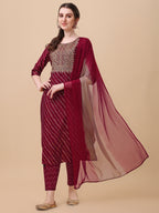 Leheriya Printed & Embroidered Kurta With Pant & Dupatta Set, Multicolor - Hiral Fashion - Distacart