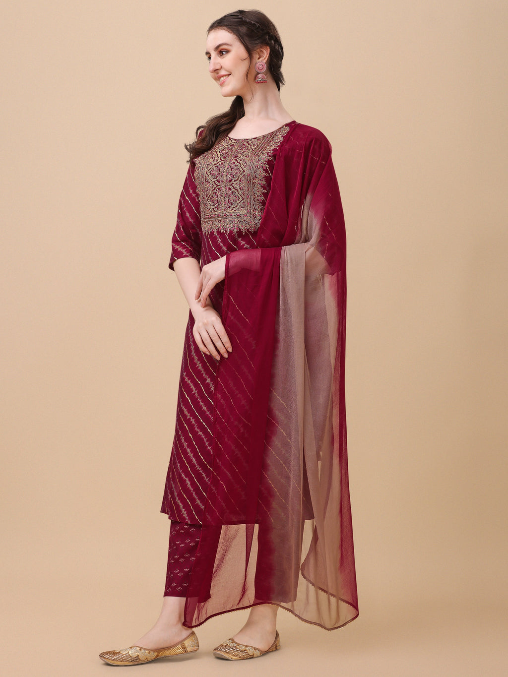Leheriya Printed & Embroidered Kurta With Pant & Dupatta Set, Multicolor - Hiral Fashion - Distacart