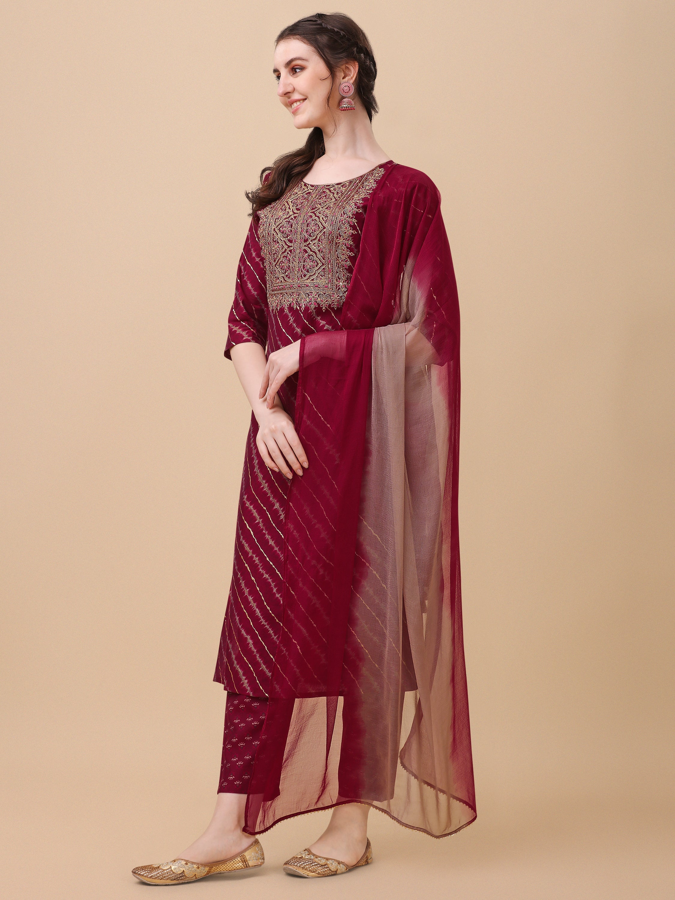 Leheriya Printed & Embroidered Kurta With Pant & Dupatta Set, Multicolor - Hiral Fashion - Distacart