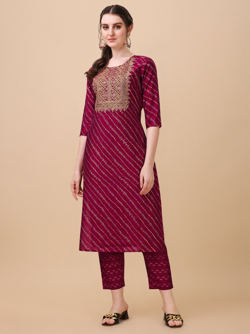 Leheriya Printed & Embroidered Kurta With Pant & Dupatta Set, Multicolor - Hiral Fashion - Distacart