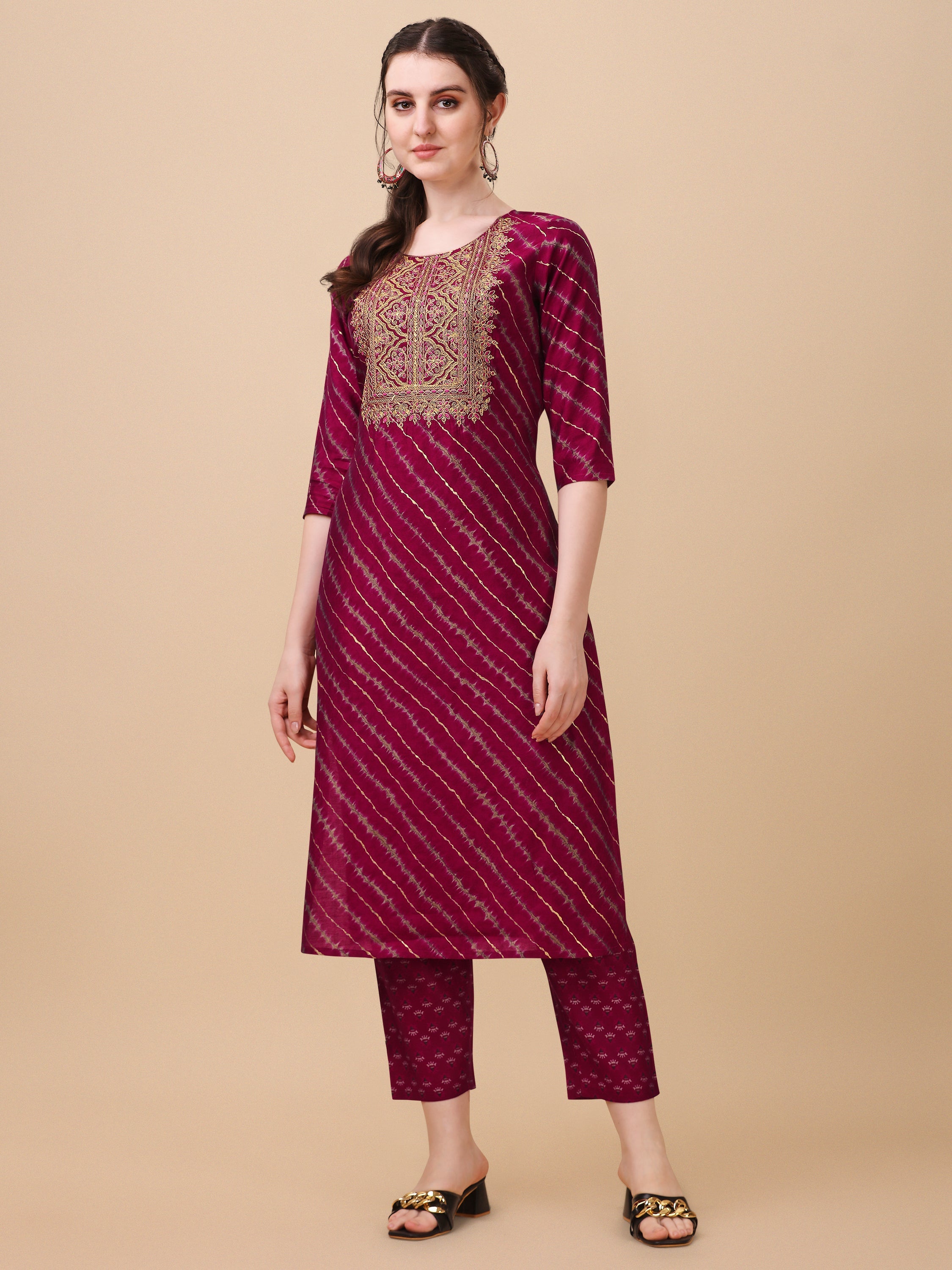 Leheriya Printed & Embroidered Kurta With Pant & Dupatta Set, Multicolor - Hiral Fashion - Distacart
