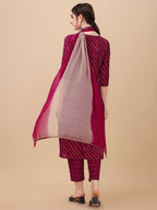 Leheriya Printed & Embroidered Kurta With Pant & Dupatta Set, Multicolor - Hiral Fashion - Distacart