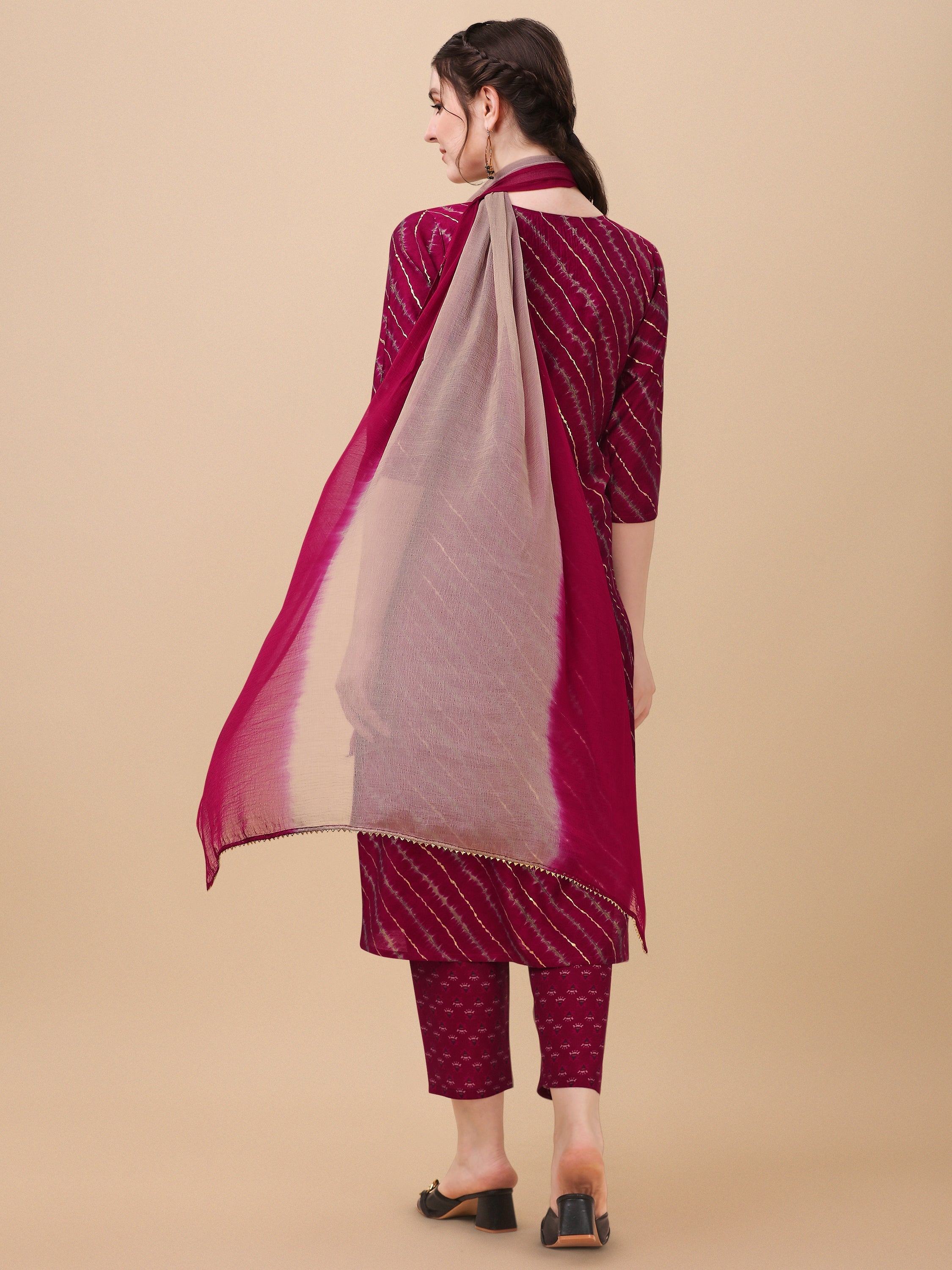Leheriya Printed & Embroidered Kurta With Pant & Dupatta Set, Multicolor - Hiral Fashion - Distacart