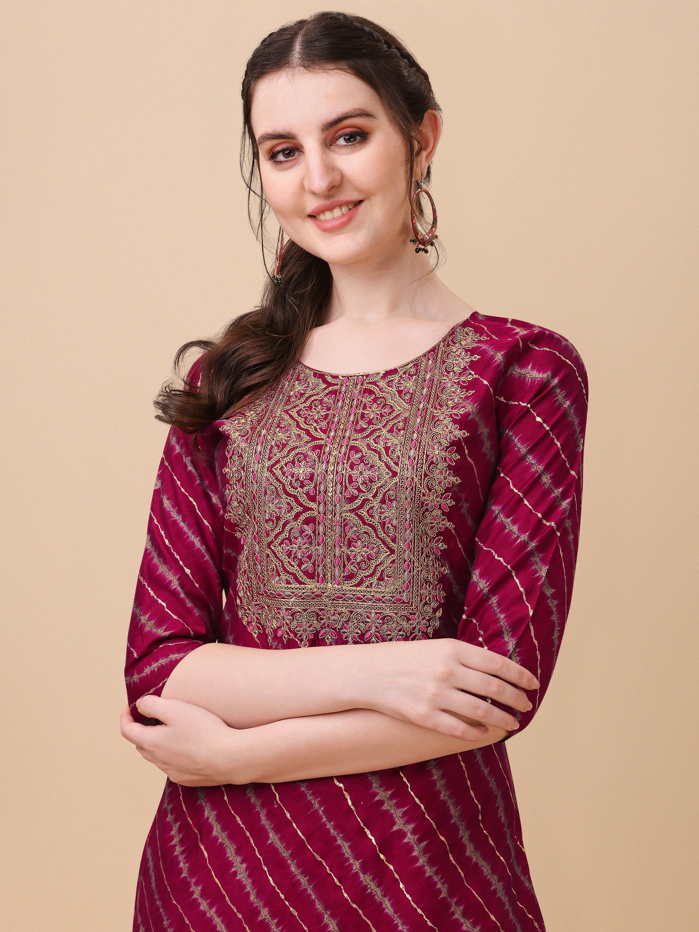 Leheriya Printed & Embroidered Kurta With Pant & Dupatta Set, Multicolor - Hiral Fashion - Distacart