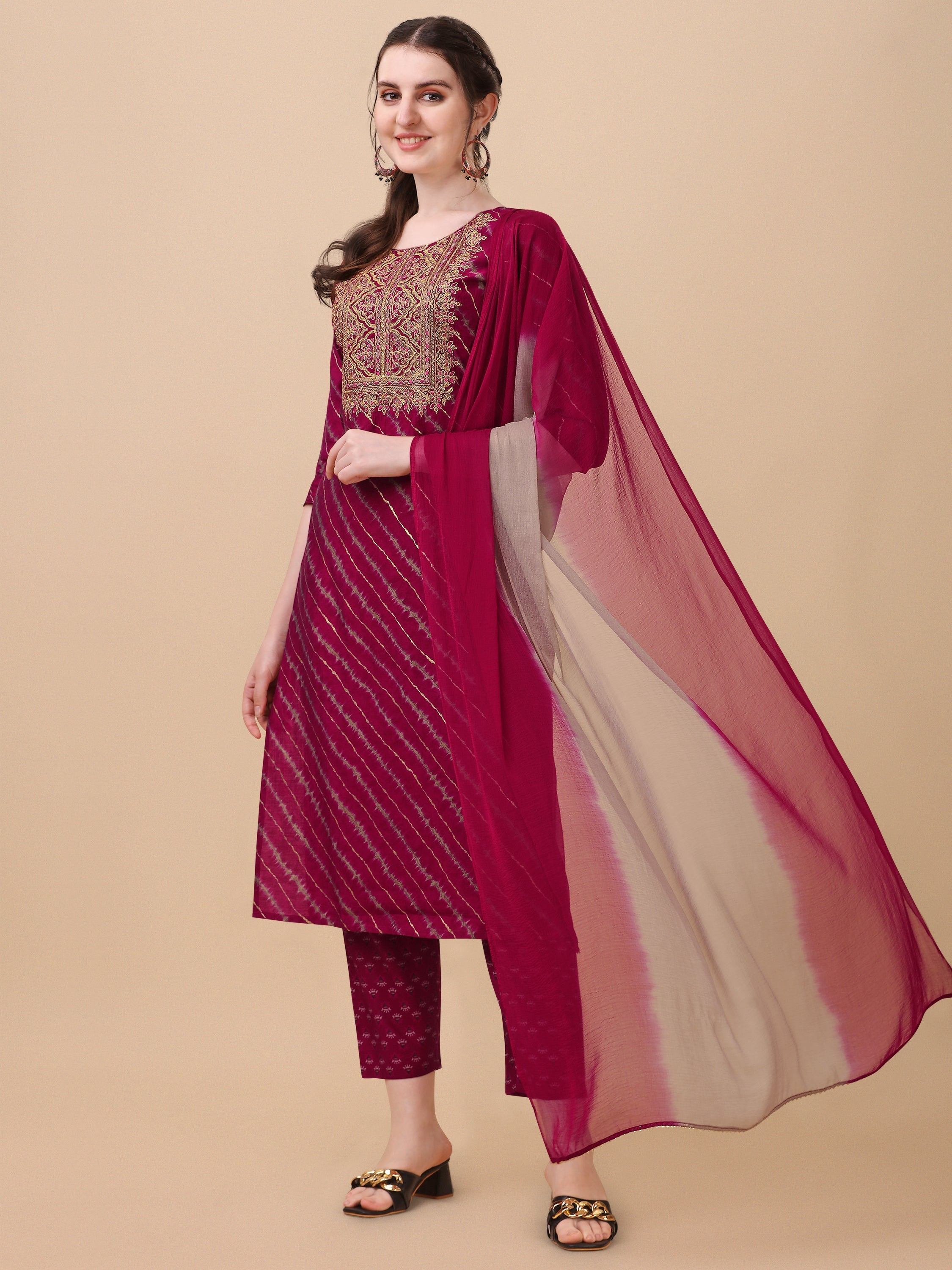 Leheriya Printed & Embroidered Kurta With Pant & Dupatta Set, Multicolor - Hiral Fashion - Distacart