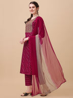 Leheriya Printed & Embroidered Kurta With Pant & Dupatta Set, Multicolor - Hiral Fashion - Distacart