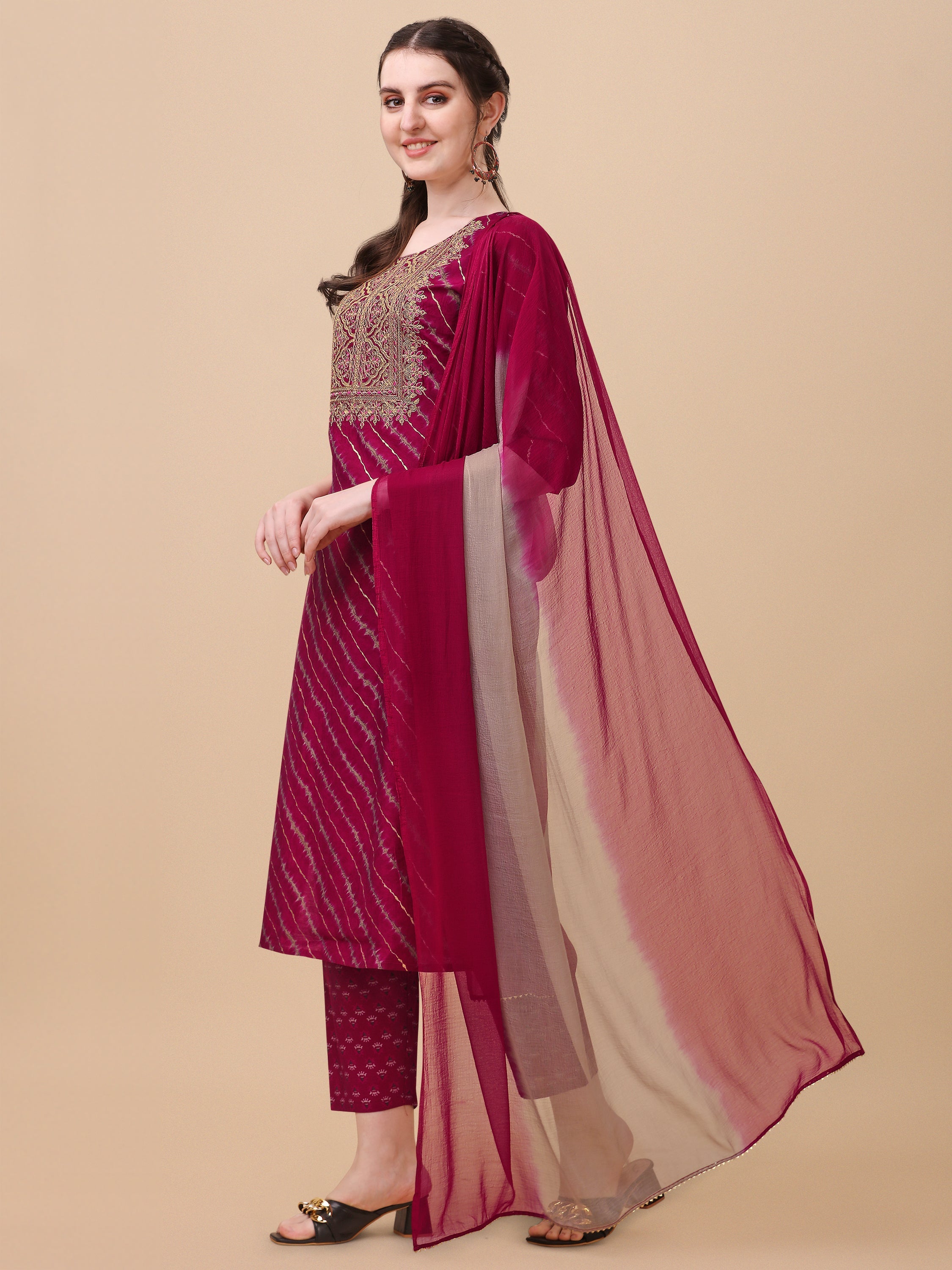 Leheriya Printed & Embroidered Kurta With Pant & Dupatta Set, Multicolor - Hiral Fashion - Distacart