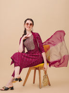 Leheriya Printed & Embroidered Kurta With Pant & Dupatta Set, Multicolor - Hiral Fashion - Distacart