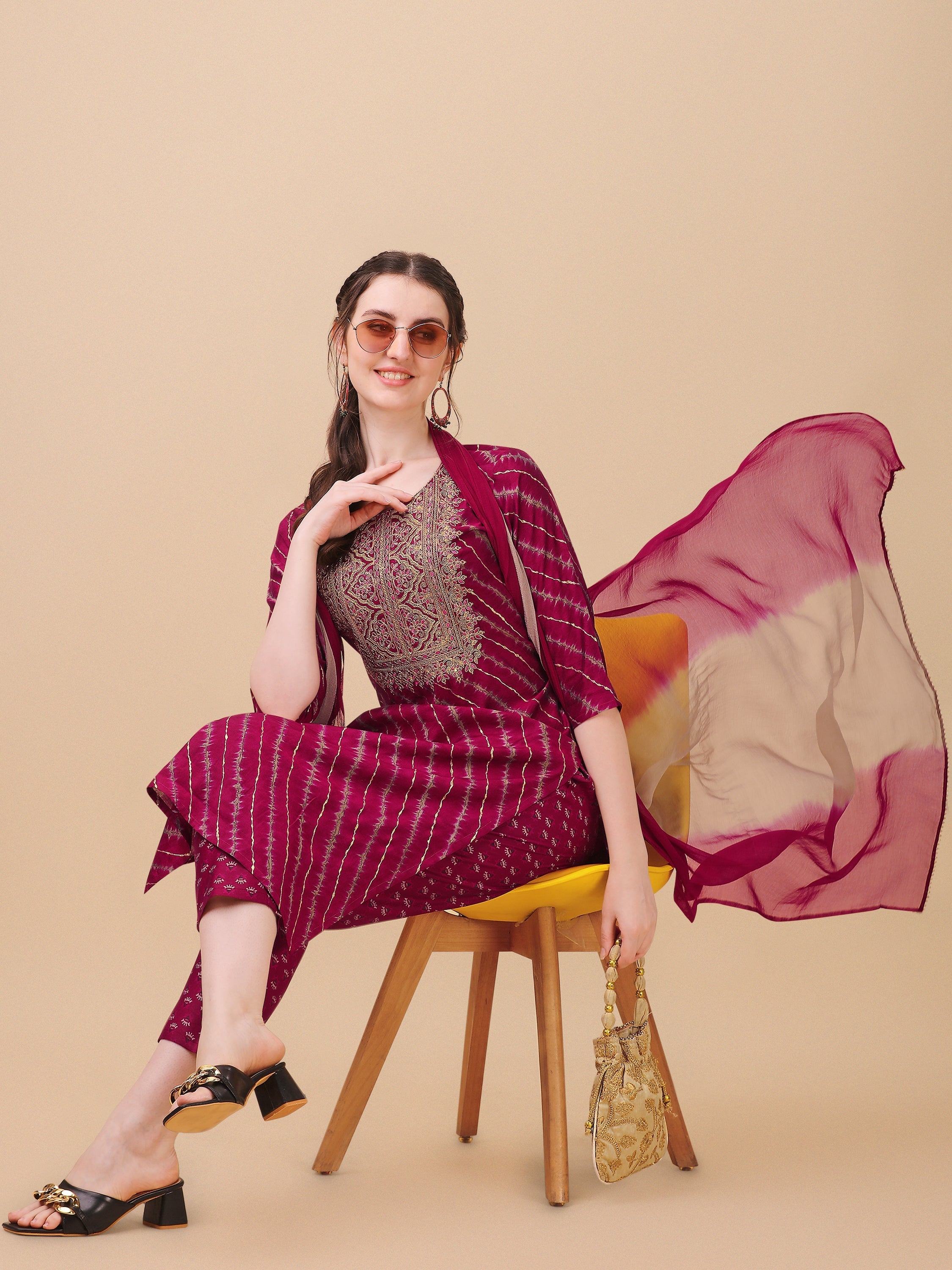 Leheriya Printed & Embroidered Kurta With Pant & Dupatta Set, Multicolor - Hiral Fashion - Distacart