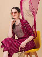 Leheriya Printed & Embroidered Kurta With Pant & Dupatta Set, Multicolor - Hiral Fashion - Distacart