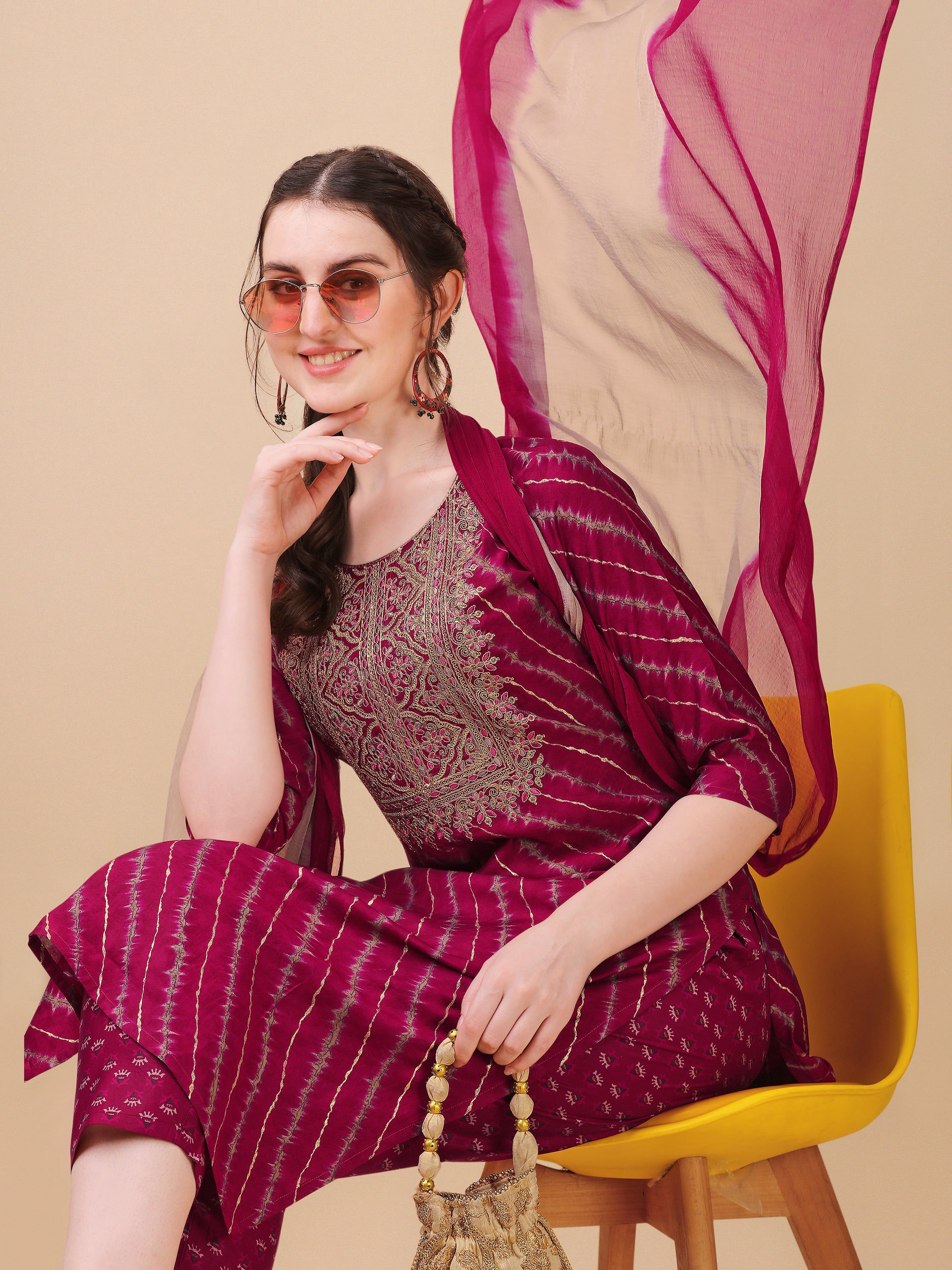 Leheriya Printed & Embroidered Kurta With Pant & Dupatta Set, Multicolor - Hiral Fashion - Distacart