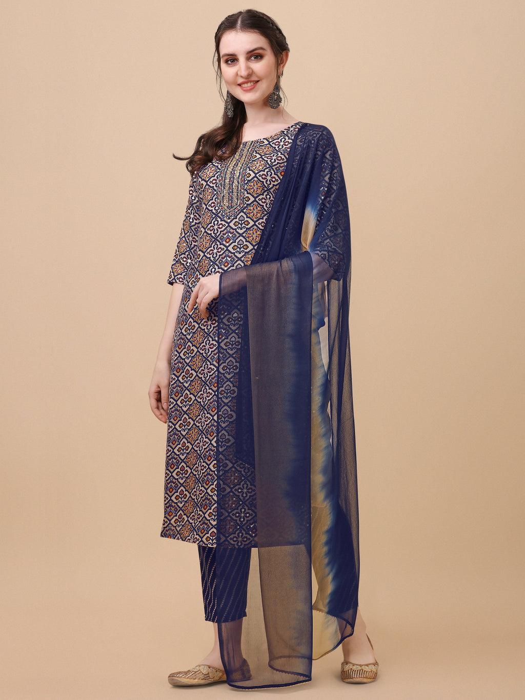 Printed Kurta With Pant And Dupatta Set, Multicolor - Hiral Fashion - Distacart