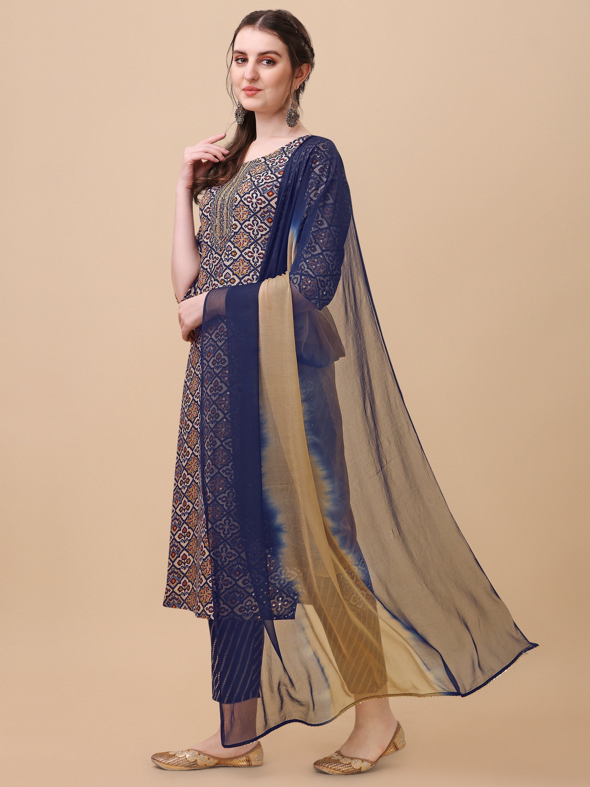 Printed Kurta With Pant And Dupatta Set, Multicolor - Hiral Fashion - Distacart
