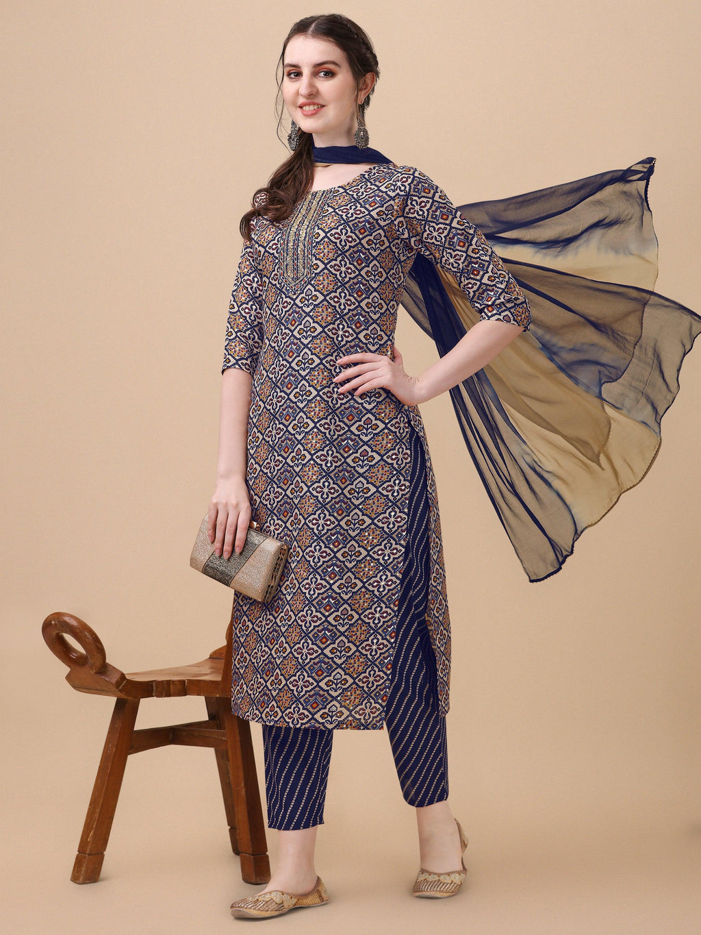 Printed Kurta With Pant And Dupatta Set, Multicolor - Hiral Fashion - Distacart