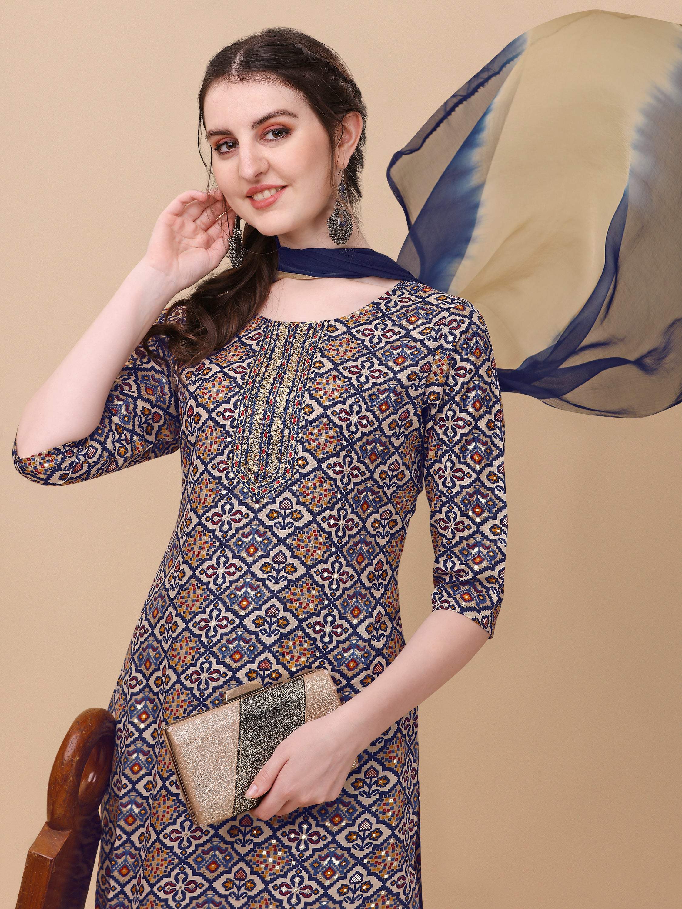 Printed Kurta With Pant And Dupatta Set, Multicolor - Hiral Fashion - Distacart