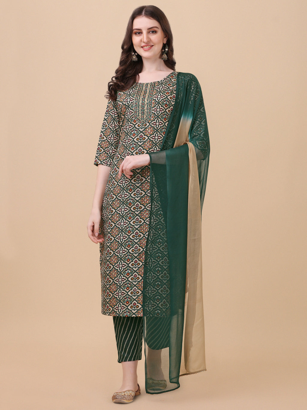 Berrylicious Womens Cotton Green Kurta With Pant And Dupatta Set., Multicolor - Hiral Fashion - Distacart