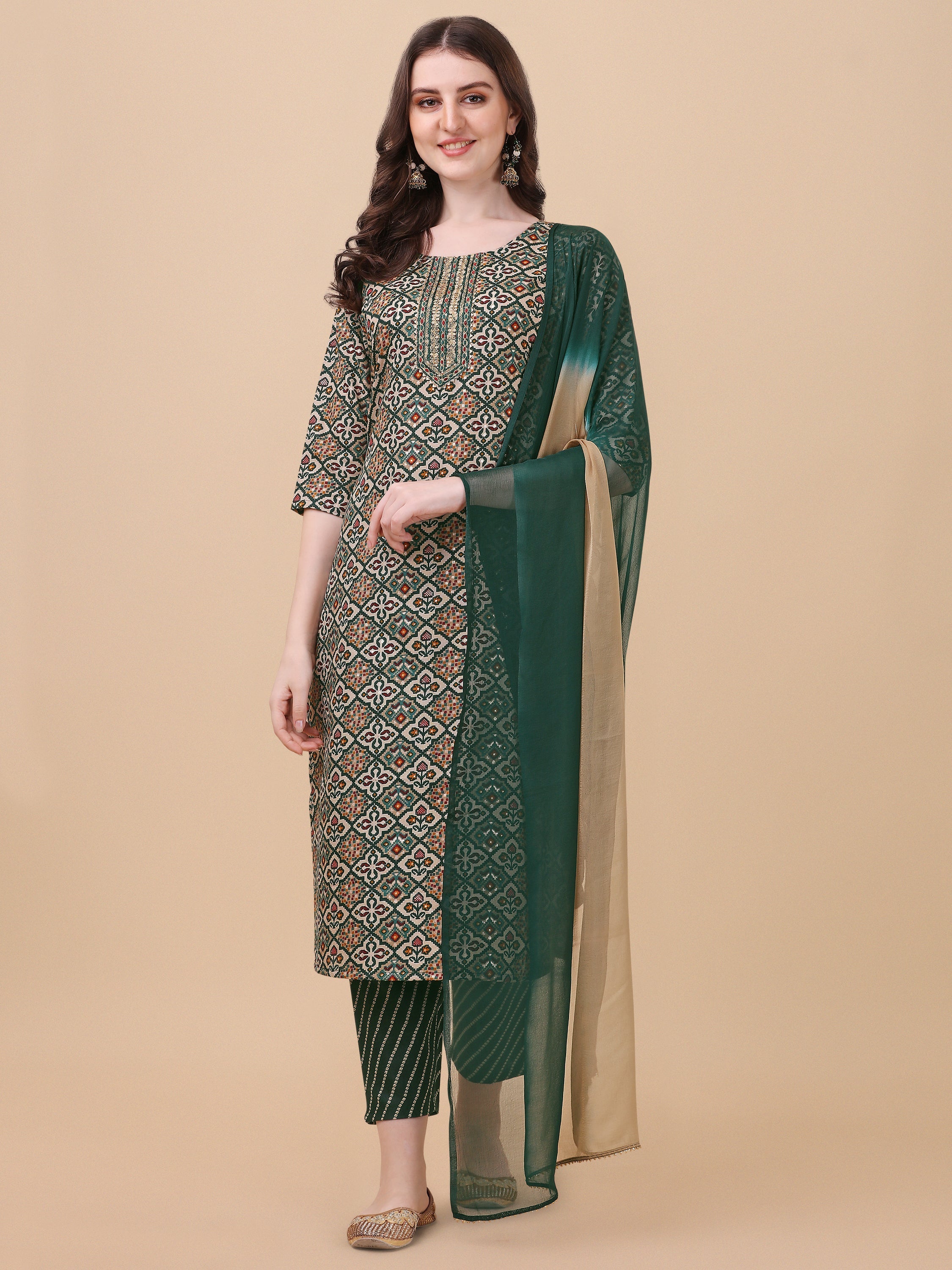 Berrylicious Womens Cotton Green Kurta With Pant And Dupatta Set., Multicolor - Hiral Fashion - Distacart