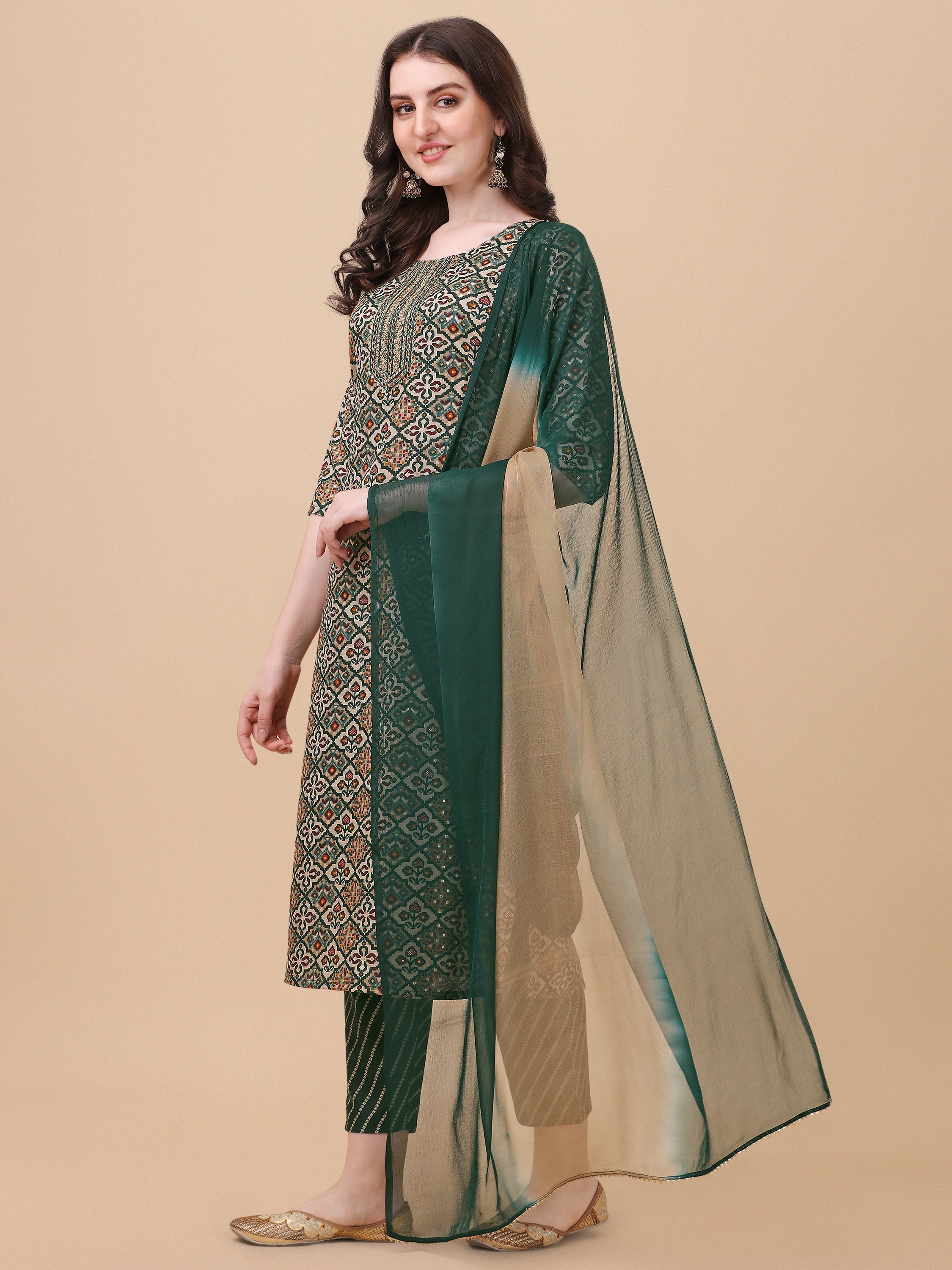 Berrylicious Womens Cotton Green Kurta With Pant And Dupatta Set., Multicolor - Hiral Fashion - Distacart