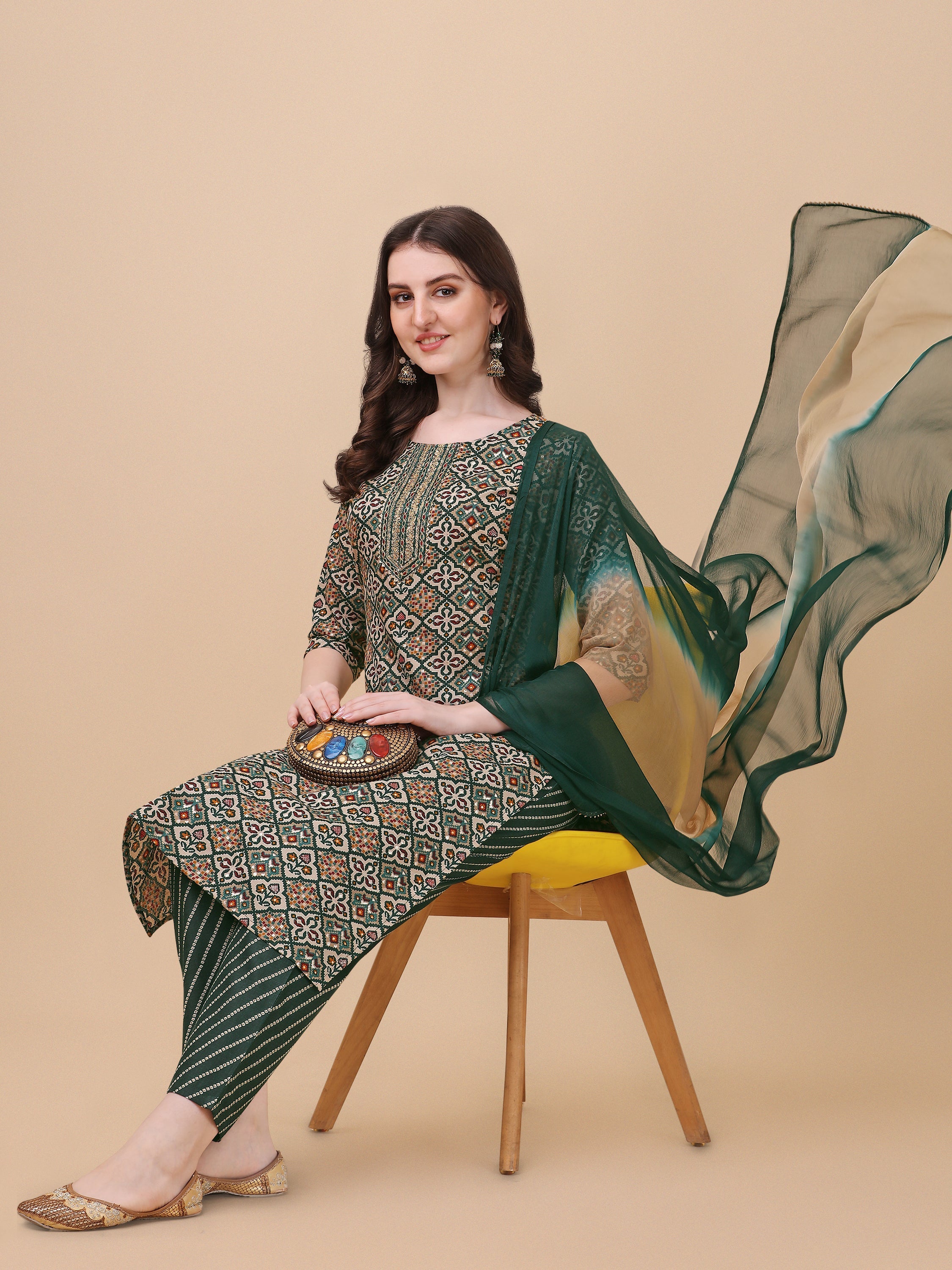 Berrylicious Womens Cotton Green Kurta With Pant And Dupatta Set., Multicolor - Hiral Fashion - Distacart