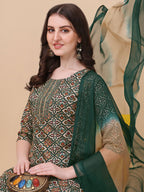 Berrylicious Womens Cotton Green Kurta With Pant And Dupatta Set., Multicolor - Hiral Fashion - Distacart