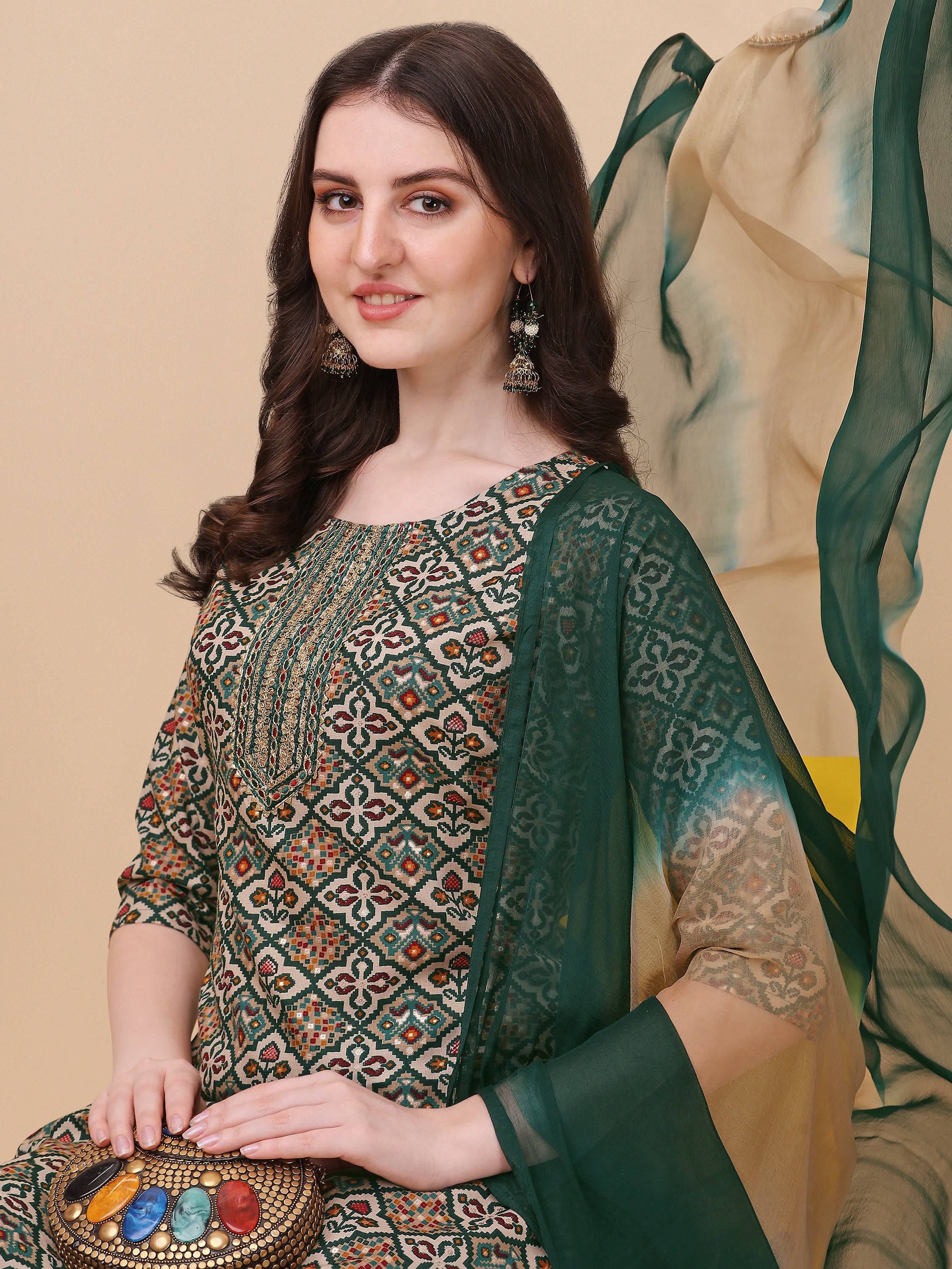 Berrylicious Womens Cotton Green Kurta With Pant And Dupatta Set., Multicolor - Hiral Fashion - Distacart