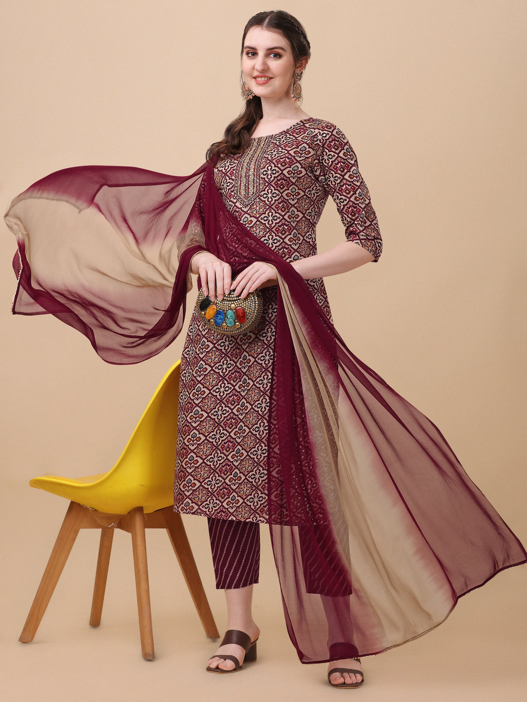 Printed Kurta With Pant And Dupatta Set, Multicolor - Hiral Fashion - Distacart