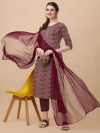 Printed Kurta With Pant And Dupatta Set, Multicolor - Hiral Fashion - Distacart