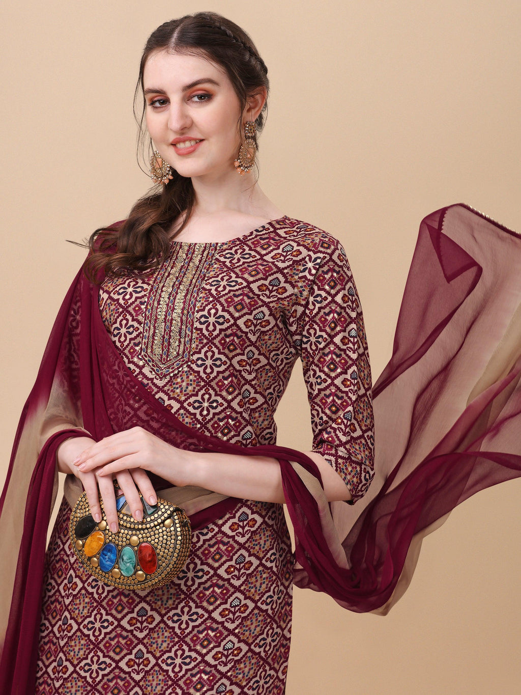Printed Kurta With Pant And Dupatta Set, Multicolor - Hiral Fashion - Distacart