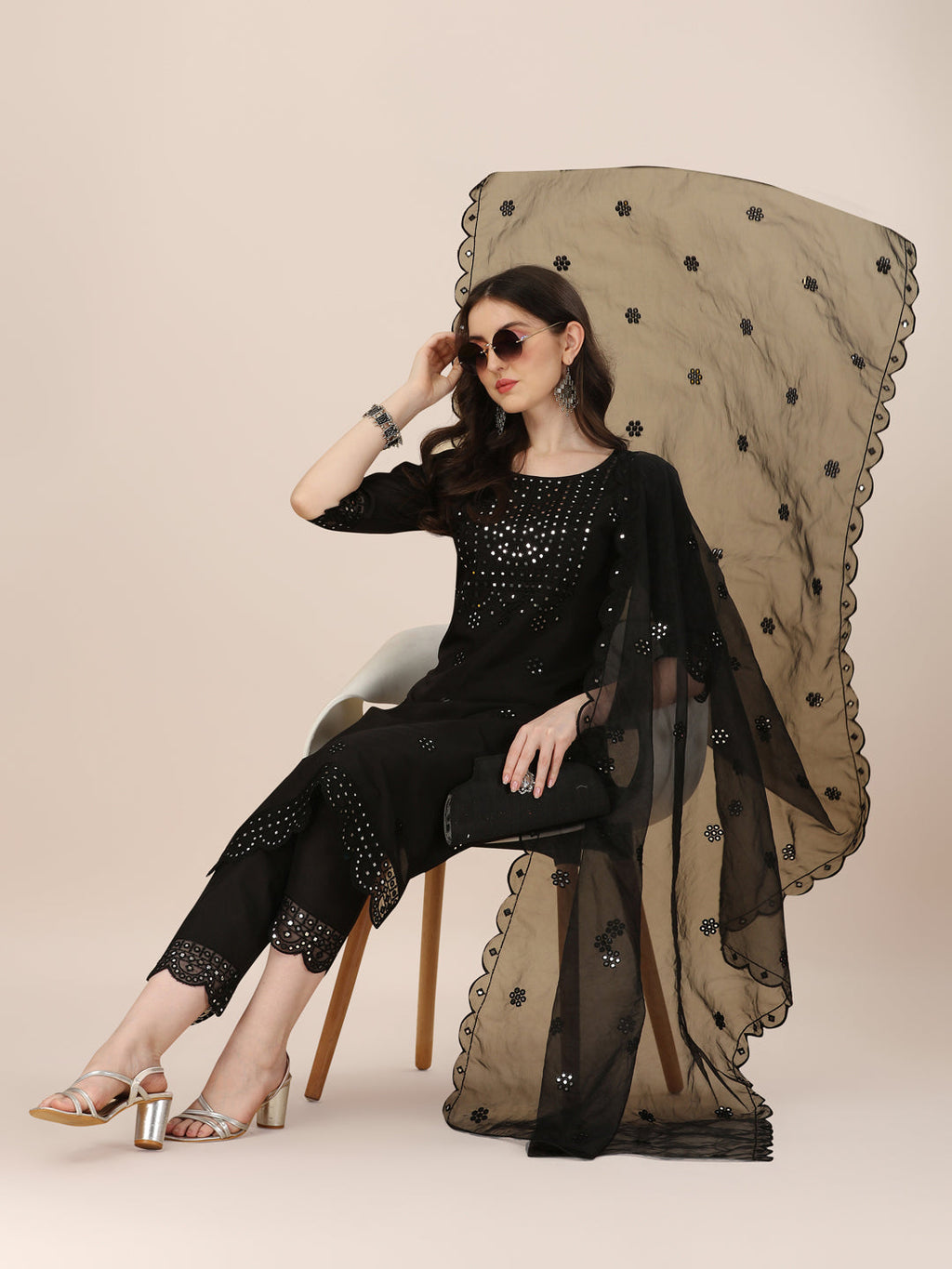 Mirror Embroidered Premium Kurta With Pant And Dupatta, Multicolor - Hiral Fashion - Distacart