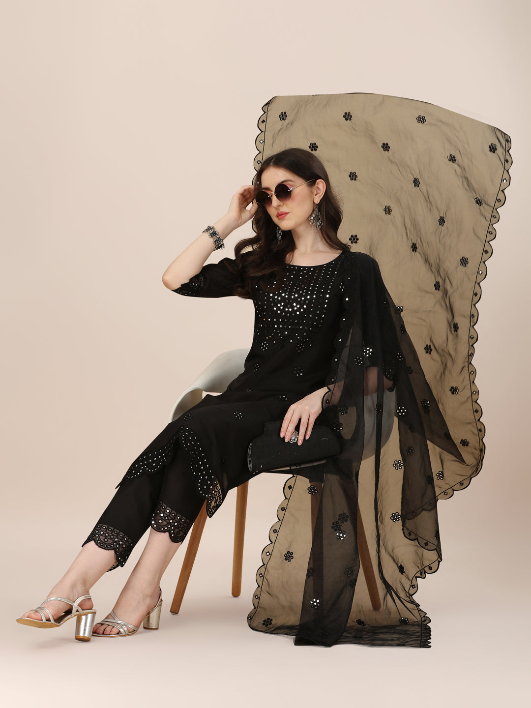 Mirror Embroidered Premium Kurta With Pant And Dupatta, Multicolor - Hiral Fashion - Distacart