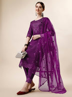 Mirror Embroidered Kurta With Pant And Dupatta Set, Multicolor - Hiral Fashion - Distacart