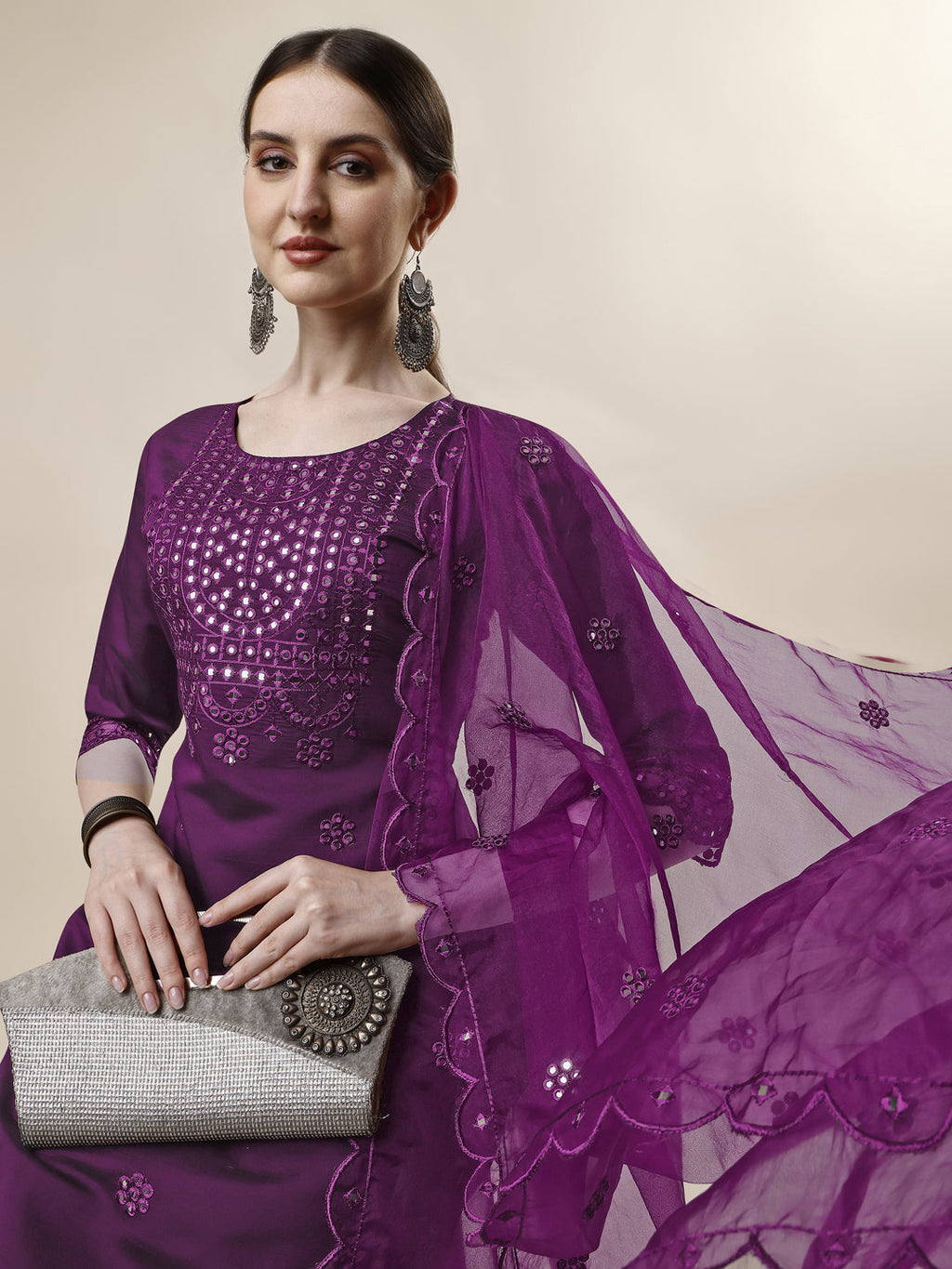 Mirror Embroidered Kurta With Pant And Dupatta Set, Multicolor - Hiral Fashion - Distacart