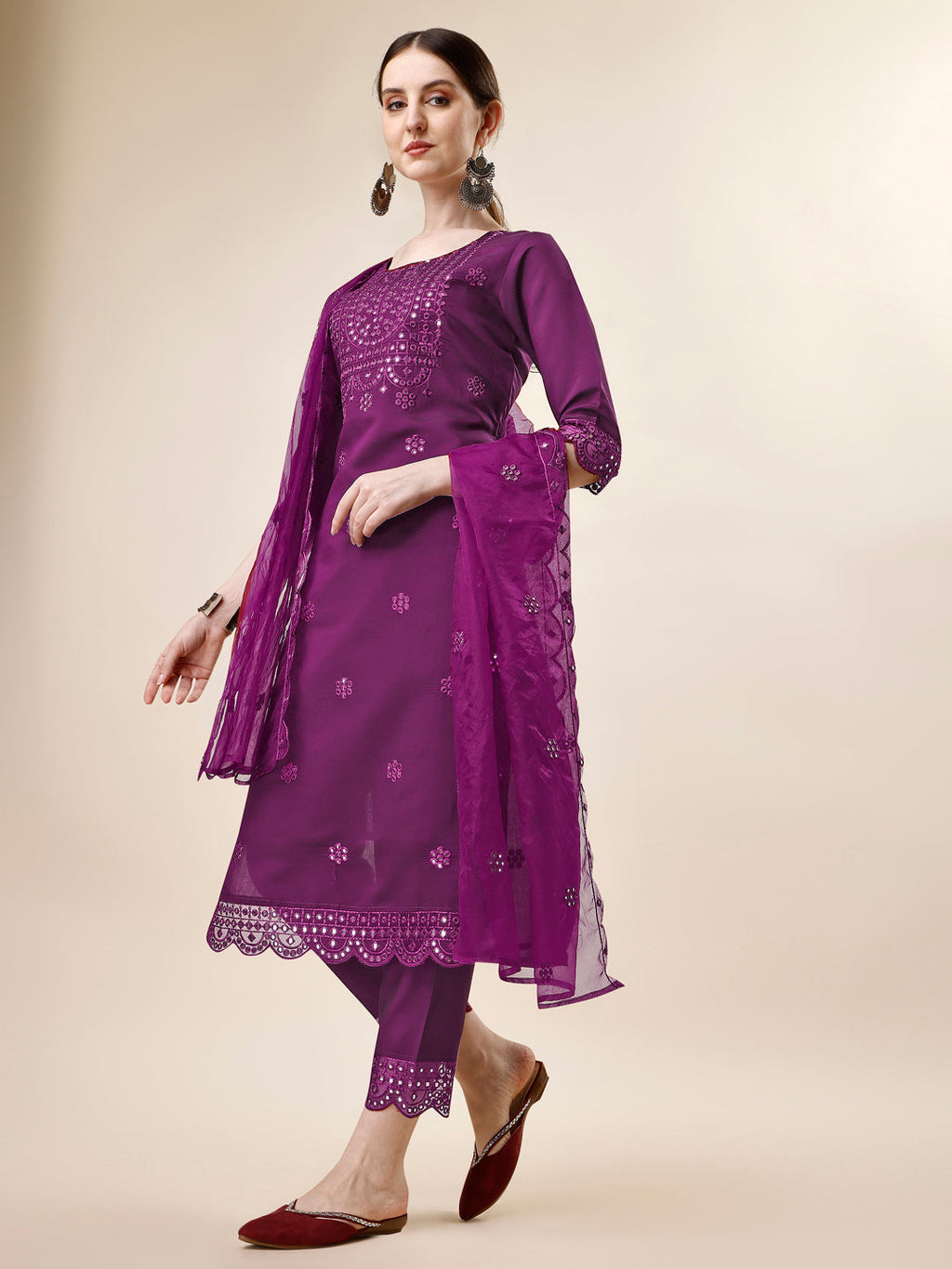 Mirror Embroidered Kurta With Pant And Dupatta Set, Multicolor - Hiral Fashion - Distacart
