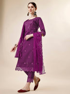 Mirror Embroidered Kurta With Pant And Dupatta Set, Multicolor - Hiral Fashion - Distacart