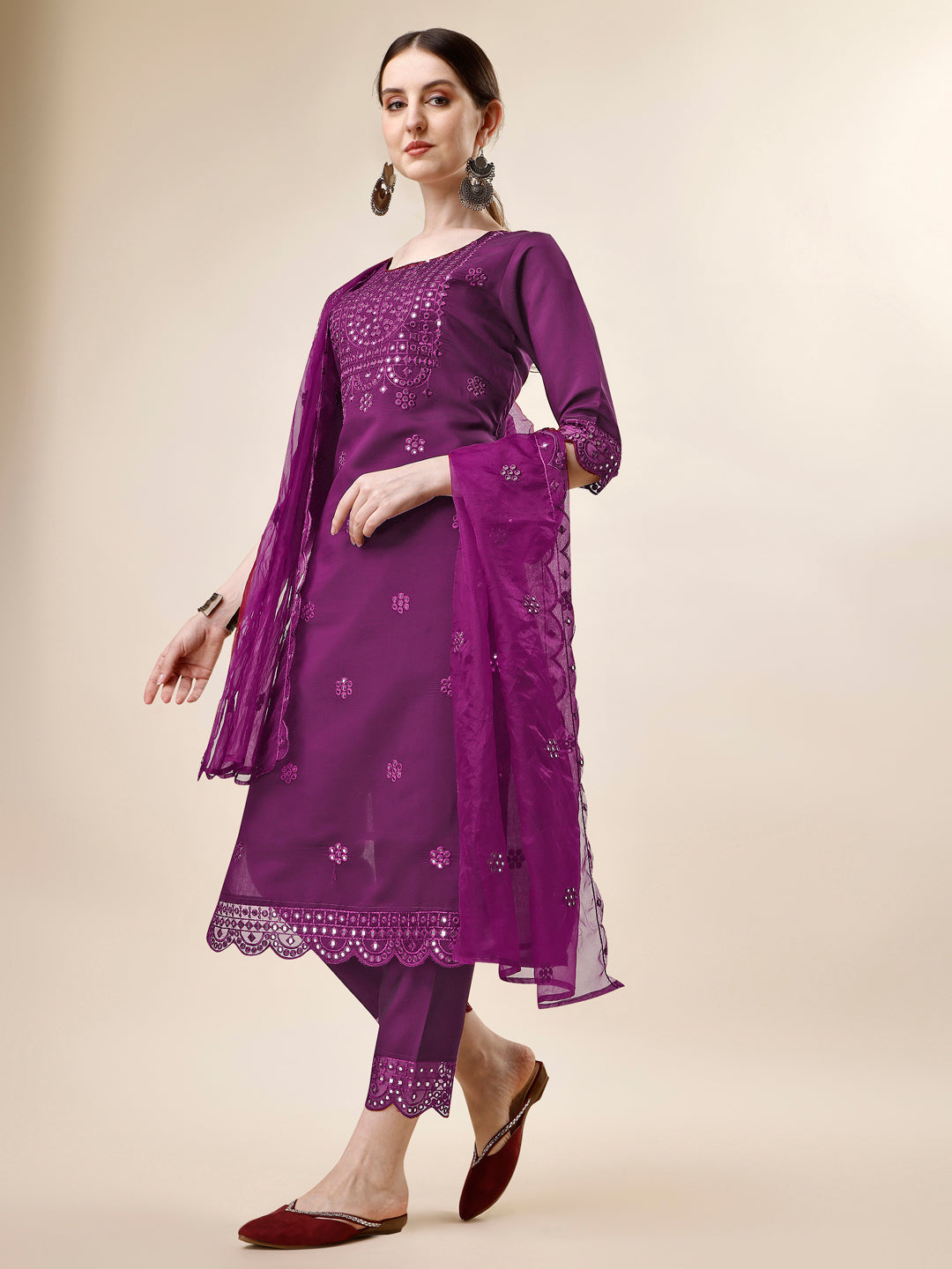 Mirror Embroidered Kurta With Pant And Dupatta Set, Multicolor - Hiral Fashion - Distacart