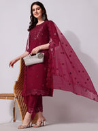 Mirror Embroidered Kurta Pant & Dupatta Set, Multicolor - Hiral Fashion - Distacart