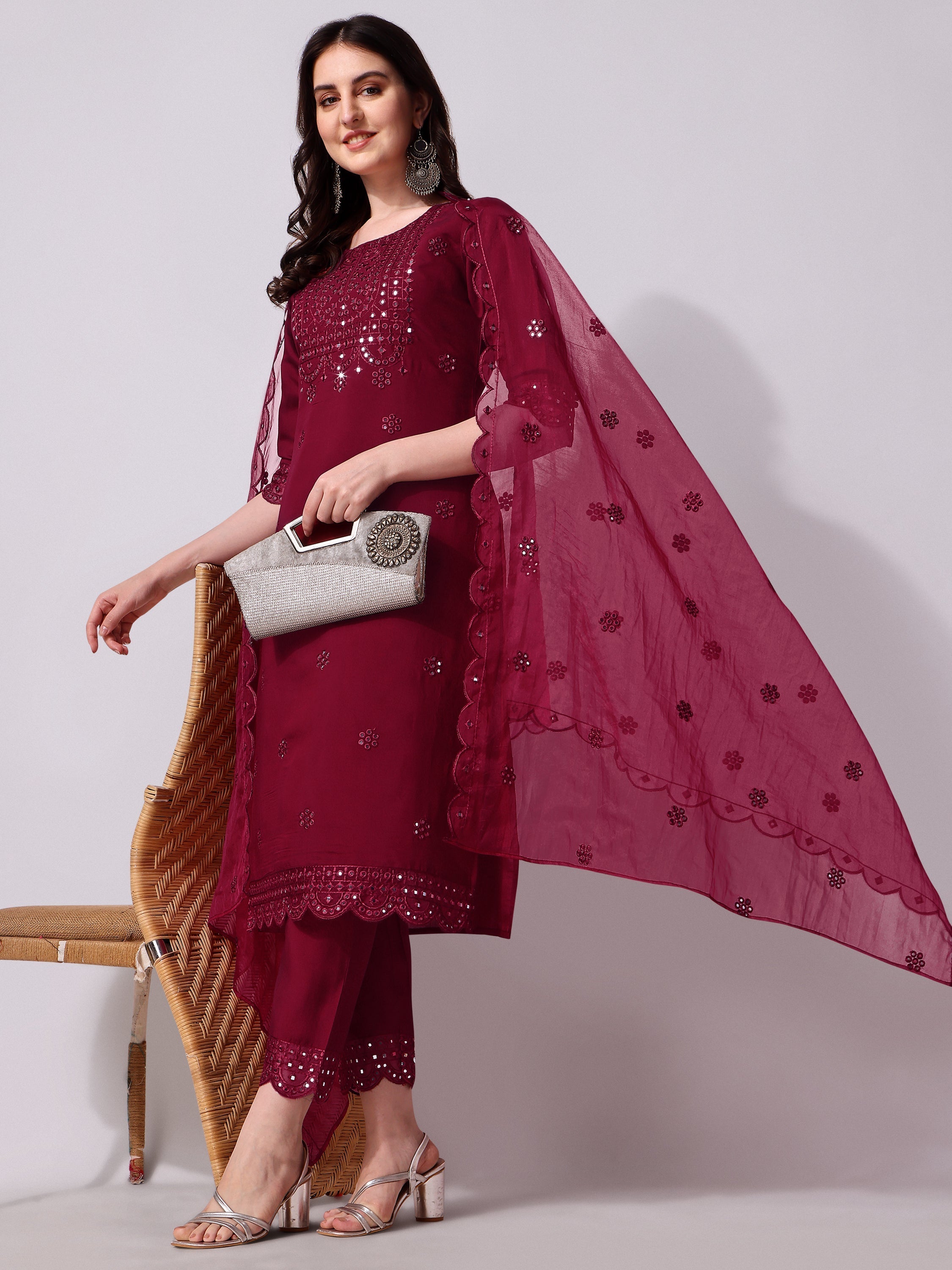 Mirror Embroidered Kurta Pant & Dupatta Set, Multicolor - Hiral Fashion - Distacart