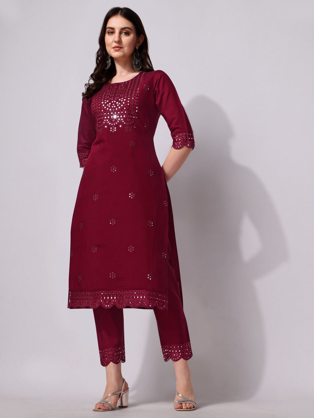 Mirror Embroidered Kurta Pant & Dupatta Set, Multicolor - Hiral Fashion - Distacart
