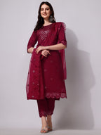 Mirror Embroidered Kurta Pant & Dupatta Set, Multicolor - Hiral Fashion - Distacart