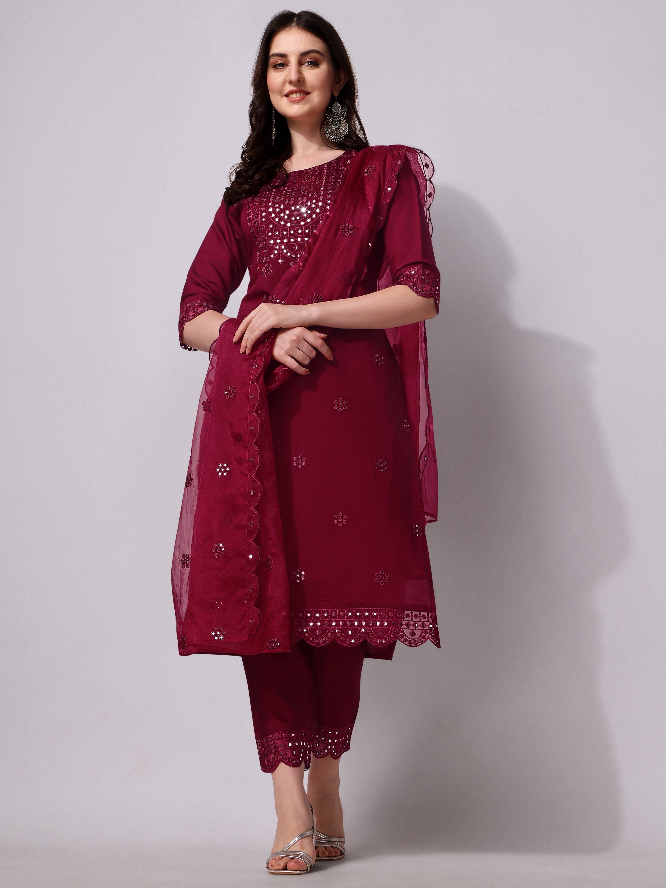 Mirror Embroidered Kurta Pant & Dupatta Set, Multicolor - Hiral Fashion - Distacart