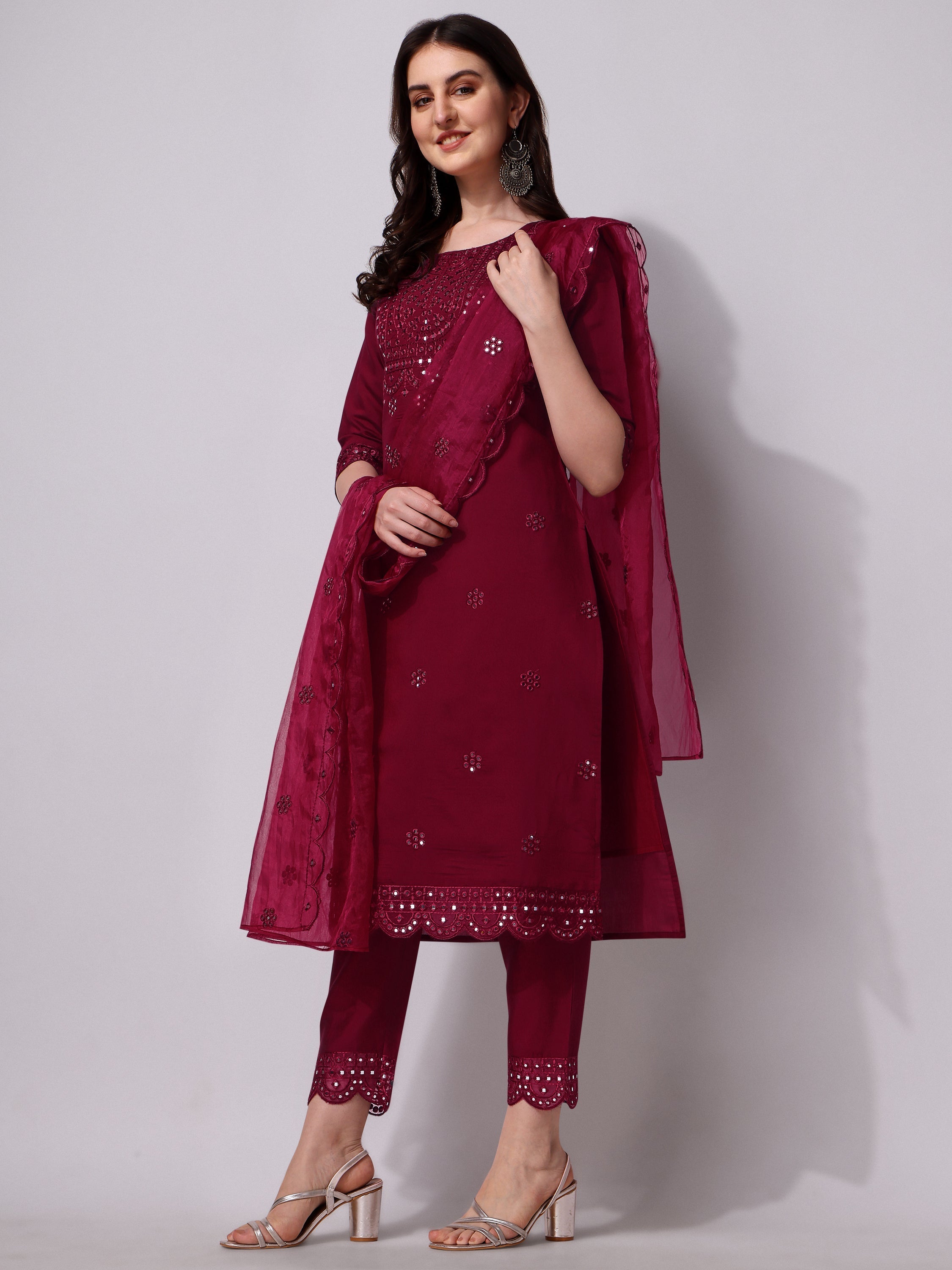 Mirror Embroidered Kurta Pant & Dupatta Set, Multicolor - Hiral Fashion - Distacart
