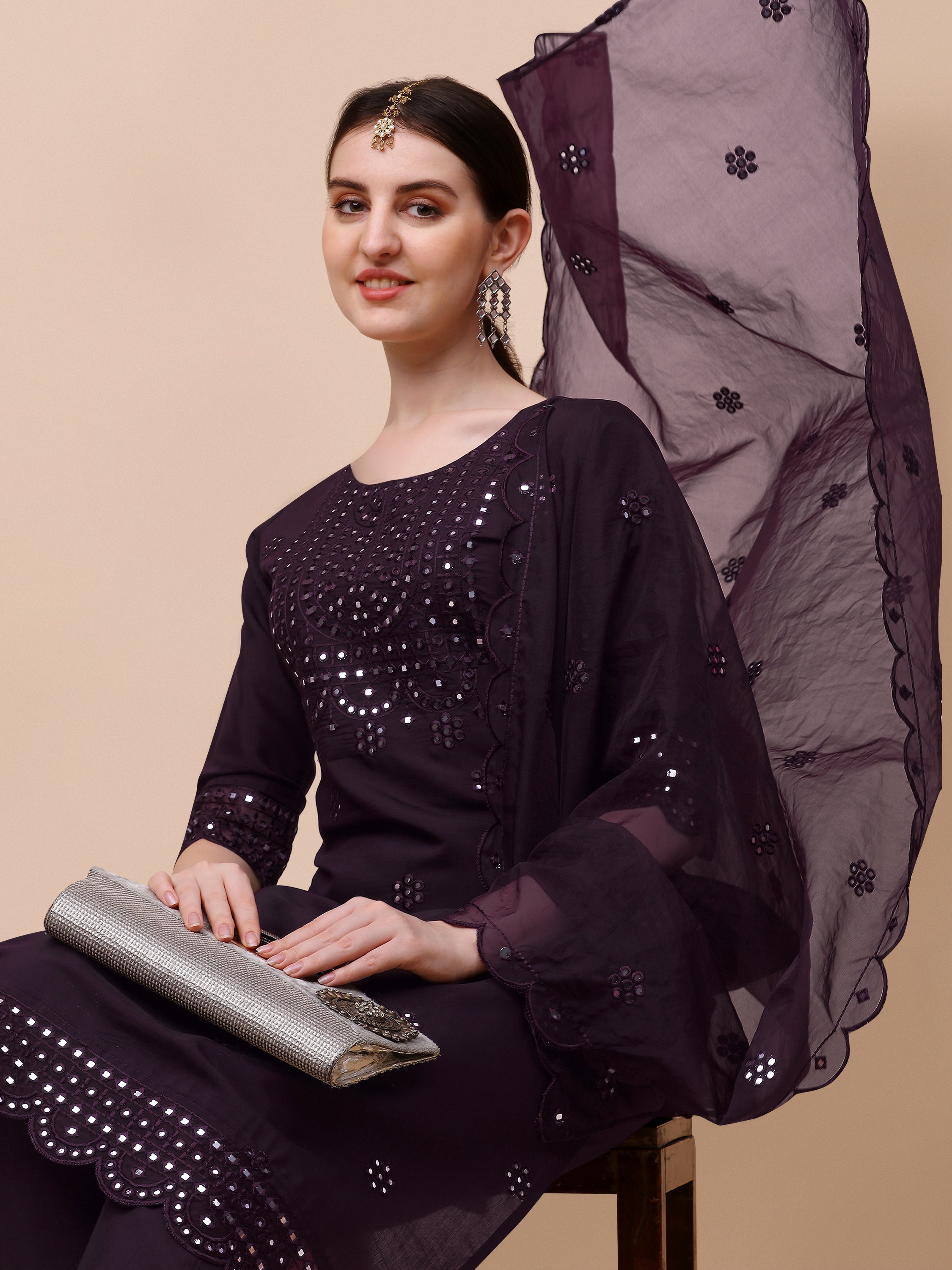 Mirror Embroidered Kurta Pant & Dupatta Set, Multicolor - Hiral Fashion - Distacart